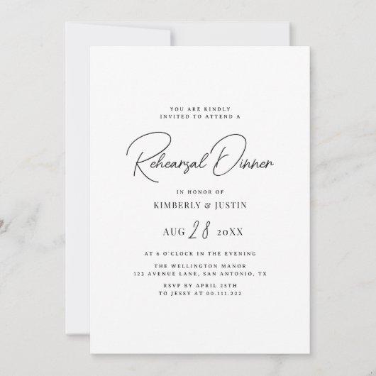 黒シンプル文字リハーサルのディナー招待 招待状 (正面)