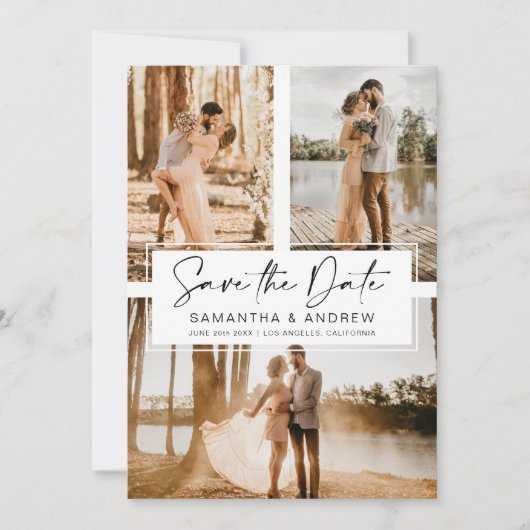 黒シンプル日付保存3フォトグリッドコラージュ セーブザデート (正面)