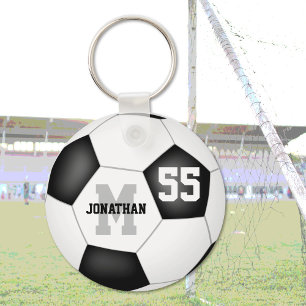 黒シンプル白サッカーボールパーソナライズされた キーホルダー