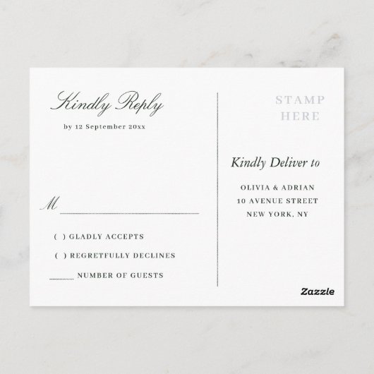 黒シンプル白タイポグラフィウェディングrsvp ポストカード (裏面)