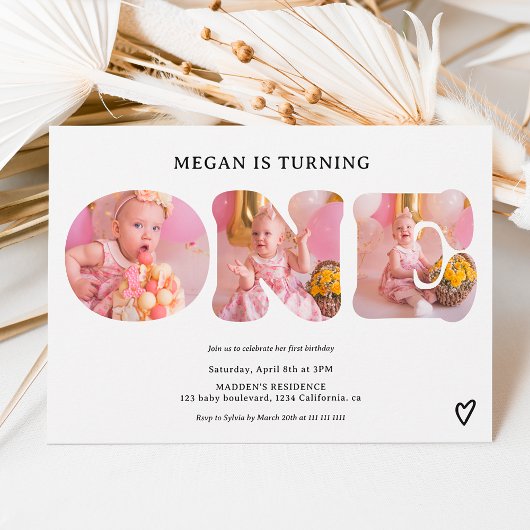 黒シンプル白3枚1歳の誕生日 招待状