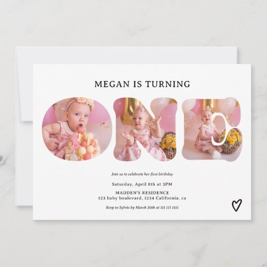 黒シンプル白3枚1歳の誕生日 招待状 (正面)