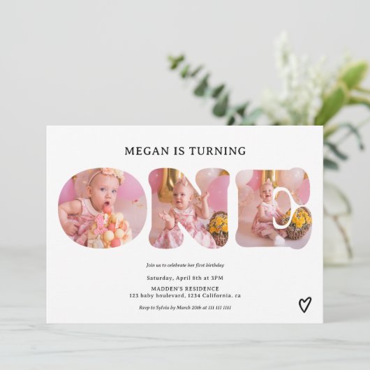 黒シンプル白3枚1歳の誕生日 招待状 (スタンド正面)