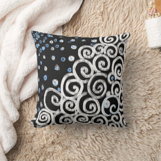 黒シンプル線はっきりしたデザイン上の白い渦巻き クッション (ブランケット)