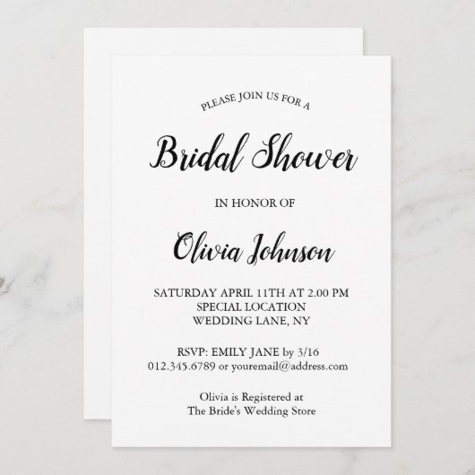 黒スクエレガントリプモダントホワイトブライダルシャワー 招待状 (正面/裏面)