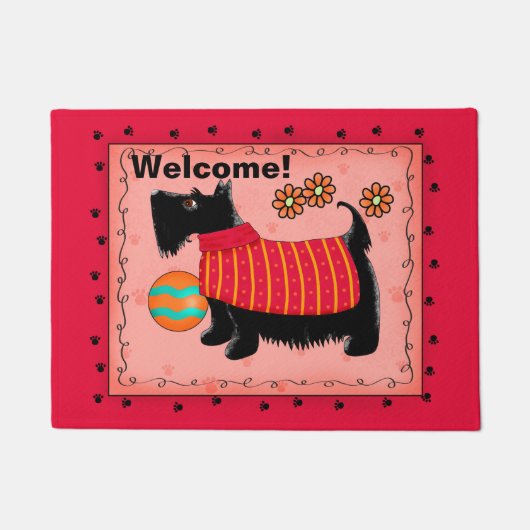 黒スコッチドッグウェルカムレッドコーラル ドアマット (正面)