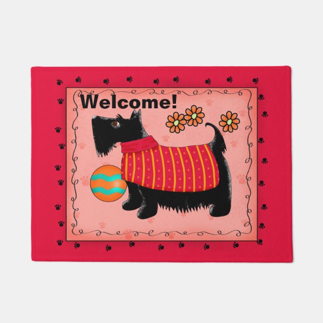 黒スコッチドッグウェルカムレッドコーラル ドアマット (正面)