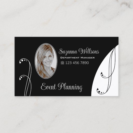 黒スタイリッシュと白と華美ポートレート写真 名刺 (正面)