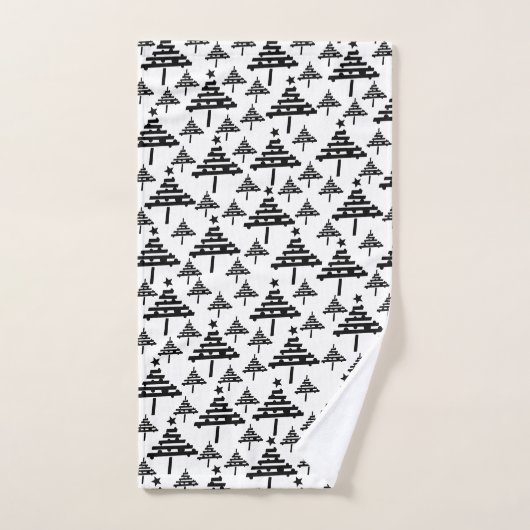 黒スタイリッシュと白のクリスマスツリーパターン バスタオルセット (ハンドタオル)