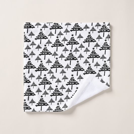 黒スタイリッシュと白のクリスマスツリーパターン バスタオルセット (ウォッシュタオル)