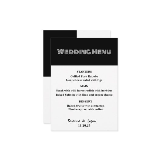 黒スタイリッシュと白のメ結婚ニュー メニュー (正面/裏面インサイチュ)