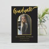 黒スタイリッシュと金ゴールドのスクリプト大学院の写真 案内状 (スタンド正面)