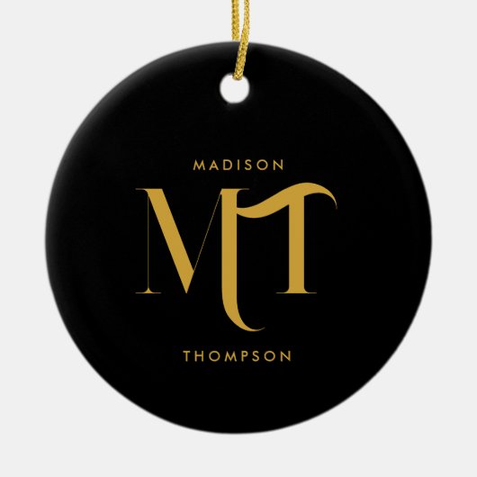 黒スタイリッシュと金ゴールドモノグラムのイニシャル文字 セラミックオーナメント (正面)