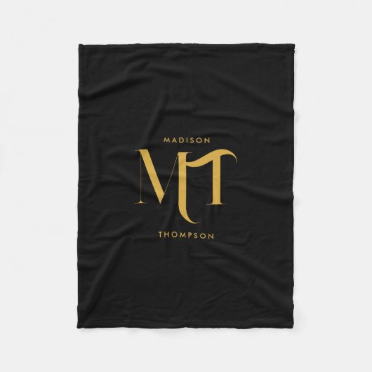 黒スタイリッシュと金ゴールドモノグラムのイニシャル文字 フリースブランケット (正面)