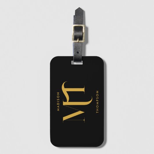 黒スタイリッシュと金ゴールドモノグラムのイニシャル文字 ラゲッジタグ (正面縦)