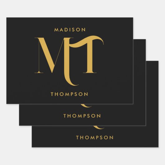黒スタイリッシュと金ゴールドモノグラムのイニシャル文字 ラッピングペーパーシート (セット)