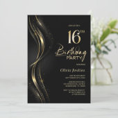 黒スタイリッシュと金ゴールド16th誕生日パーティー 招待状 (スタンド正面)