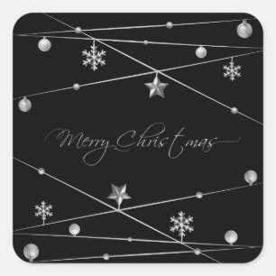 黒スタイリッシュと銀のクリスマス書道 スクエアシール