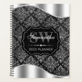 黒スタイリッシュと銀のダマスクモノグラム プランナー手帳
