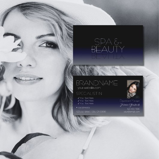 黒スタイリッシュと青のシックな鏡フォントと写真 名刺