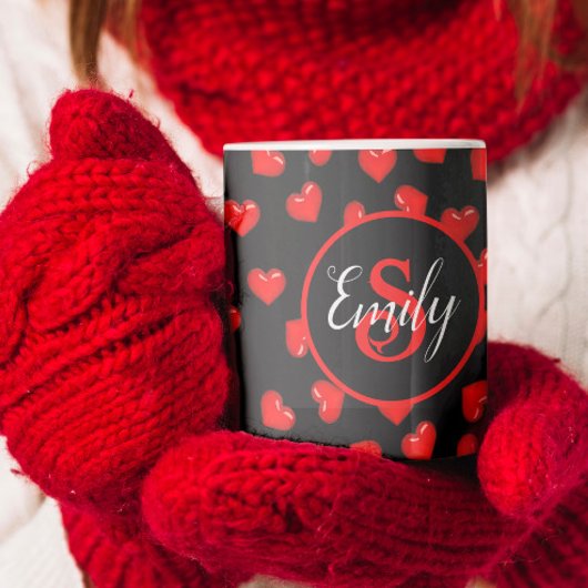 黒スタイリッシュの赤いハートパターモノグラムのン コーヒーマグカップ