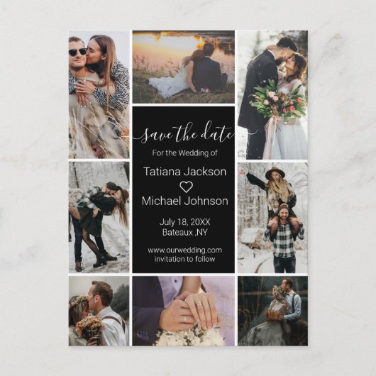 黒スタイリッシュの8枚の写真コラージュ日付を保存 案内ポストカード (正面)