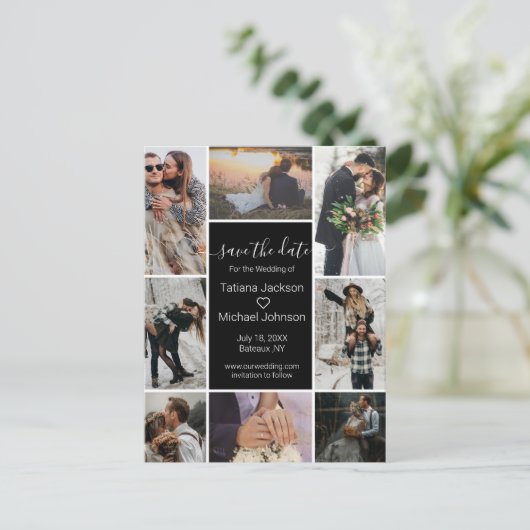 黒スタイリッシュの8枚の写真コラージュ日付を保存 案内ポストカード (スタンド正面)