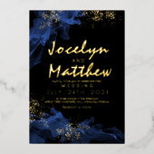 黒スタイリッシュほこりっぽい青い水の結婚色 箔招待状 (正面)