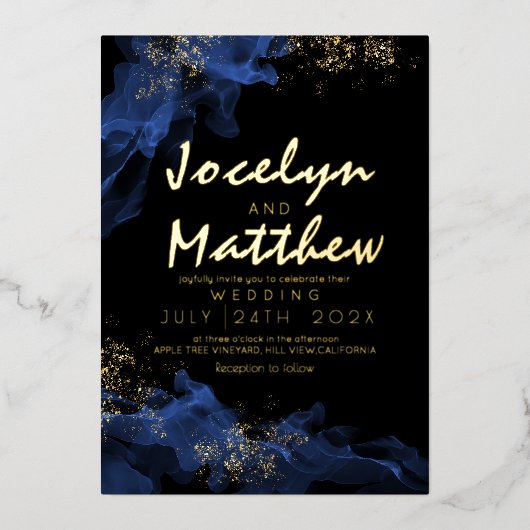 黒スタイリッシュほこりっぽい青い水の結婚色 箔招待状 (正面)