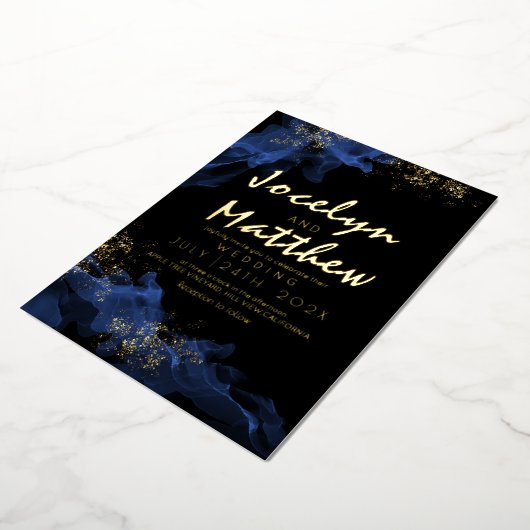 黒スタイリッシュほこりっぽい青い水の結婚色 箔招待状 (回転した状態)