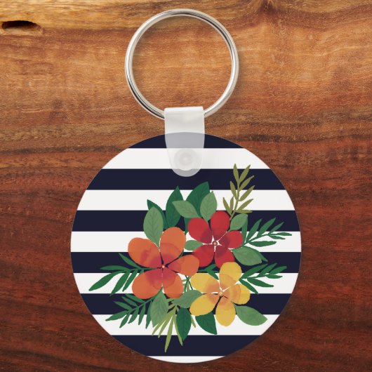 黒スタイリッシュカラフル白フローラストライプ キーホルダー (裏面)