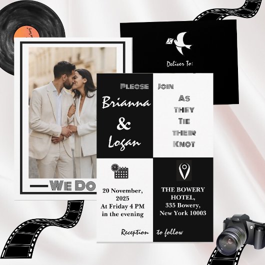 黒スタイリッシュコンテンポラリー白結婚の 招待状