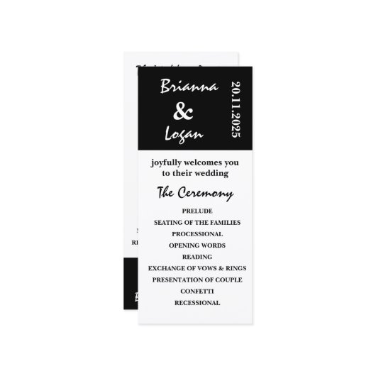 黒スタイリッシュコンテンポラリー白結婚式 プログラム (正面/裏面インサイチュ)