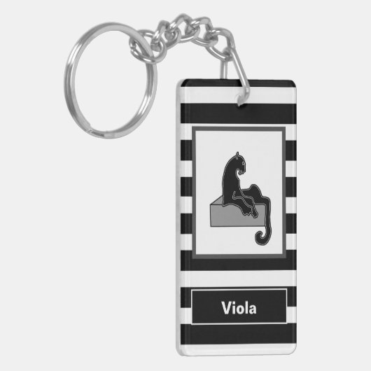 黒スタイリッシュヒョウ猫モダン白 キーホルダー (正面左)