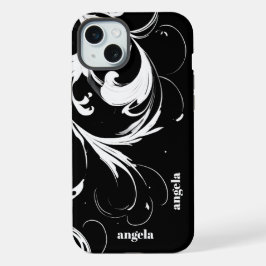 黒スタイリッシュモダンに抽象芸術白が渦巻く iPhone 15 PLUSケース