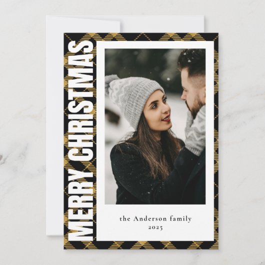 黒スタイリッシュモダン&金ゴールド格子写真クリスマス シーズンカード (正面)