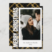 黒スタイリッシュモダン&金ゴールド格子写真クリスマス シーズンカード (正面/裏面)