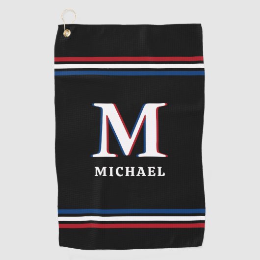 黒スタイリッシュモノグパーソナライズされたラムスポーティストライプ ゴルフタオル (正面)