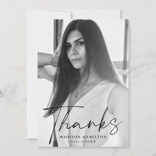 黒スタイリッシュ文字写真卒業 サンキューカード (正面)
