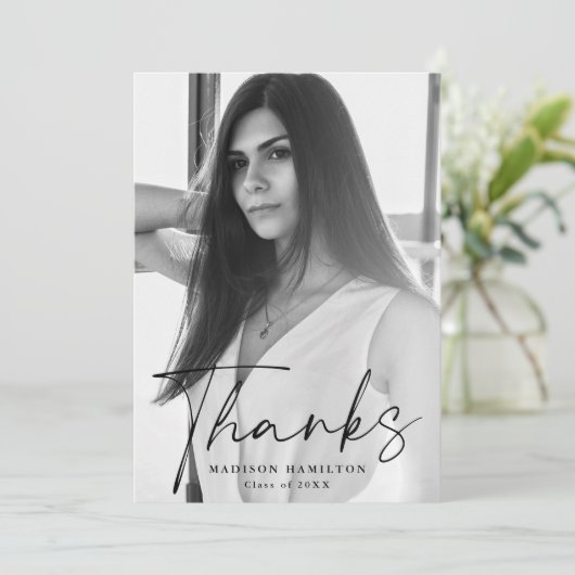 黒スタイリッシュ文字写真卒業 サンキューカード (スタンド正面)