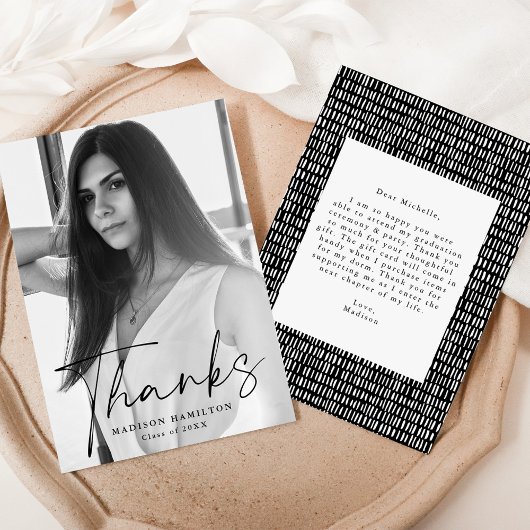 黒スタイリッシュ文字写真卒業 サンキューカード