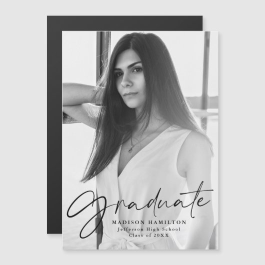 黒スタイリッシュ文字写真卒業 マグネット招待状 (正面/裏面)