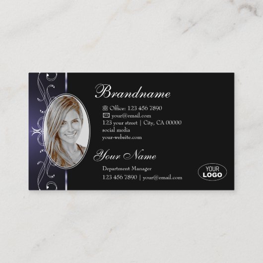 黒スタイリッシュ濃い青華美縁どのロゴとフォト 名刺 (裏面)