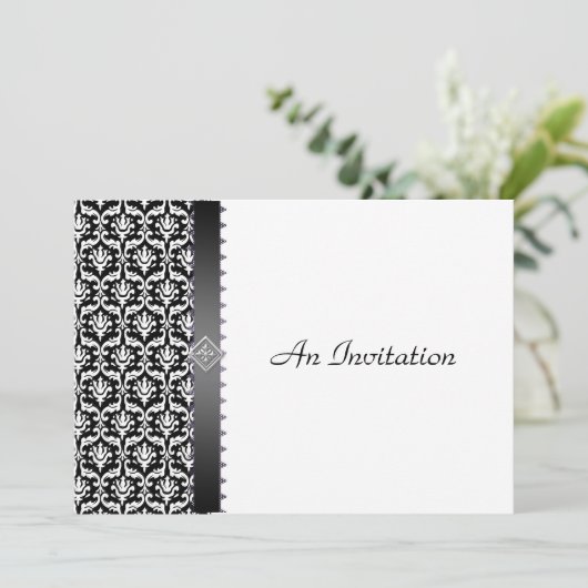 黒スタイリッシュ白ダマスクカスタム招待状 招待状 (スタンド正面)