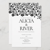 黒スタイリッシュ白フローラ結婚ズ 招待状 (正面/裏面)