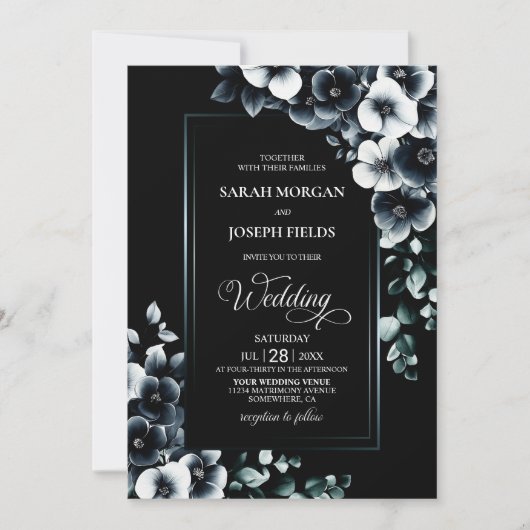 黒スタイリッシュ白フローラ結婚 招待状 (正面)