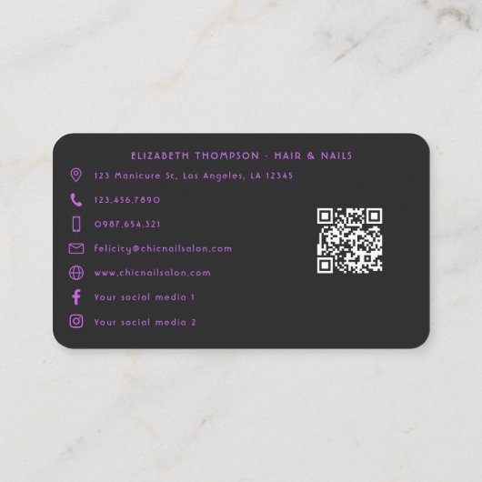 黒スタイリッシュ紫アフリカ系アメリカネイルサロン 名刺 (裏面)