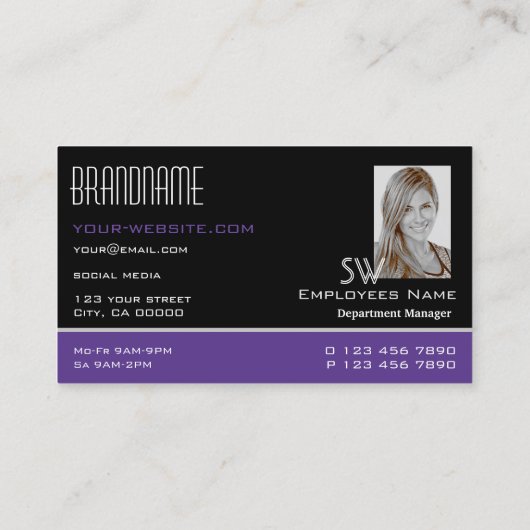 黒スタイリッシュ紫モノグラムとフォトシンプル 名刺 (裏面)