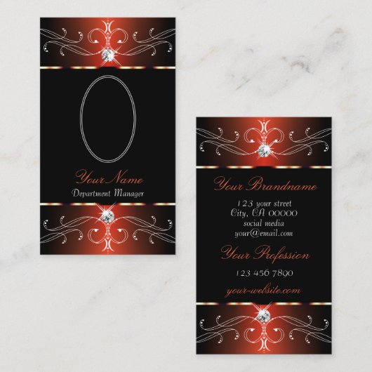黒スタイリッシュ色の赤い華美オーナメント 名刺 (正面/裏面)