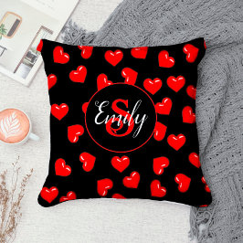 黒スタイリッシュ赤いハートモノグラム上のカスタム クッション